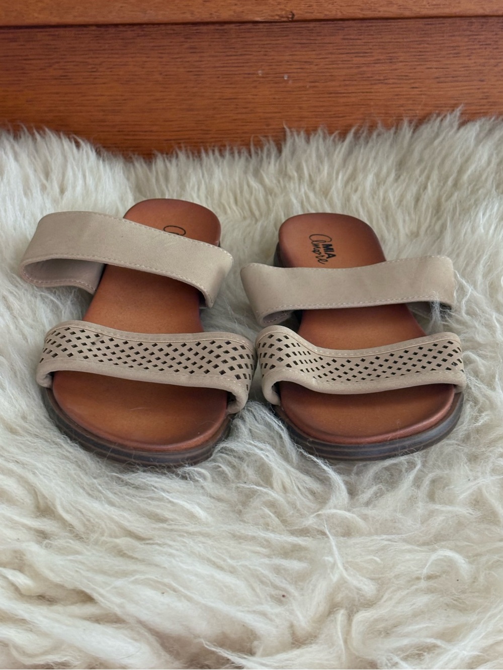NWOT MIA Taupe Double-Strap Perforated Slide Sandals